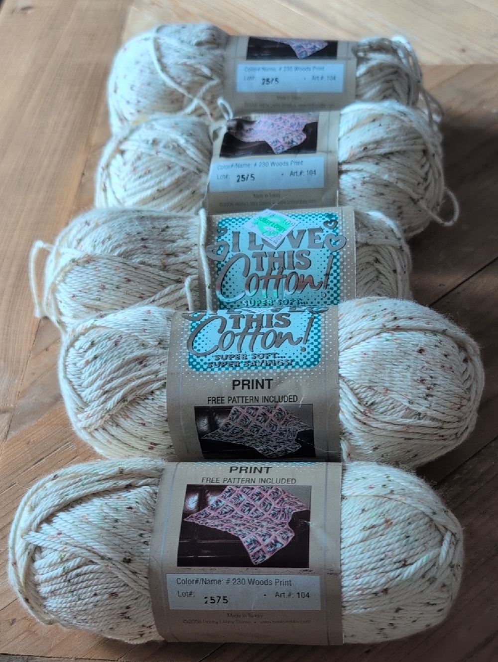 Lot Of 5, I Love This Cotton - Cream with Speckled Brown, Green, Orange